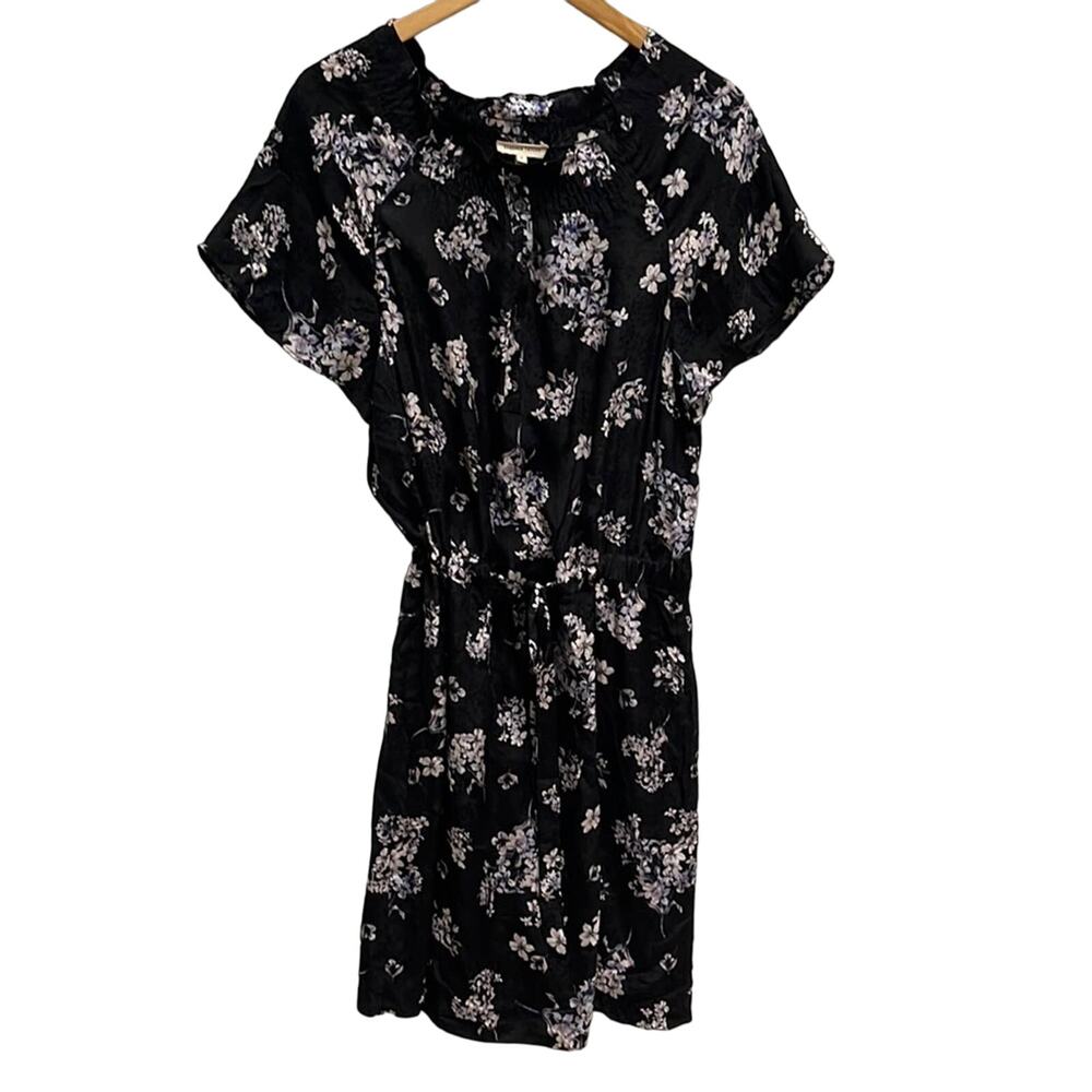 REBECCA TAYLOR Black Silk Floral Hydrangea Button Up Mock Neck Dress Size 48